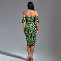 Strapless Jacquard Midi Floral Dress