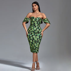 Strapless Jacquard Midi Floral Dress