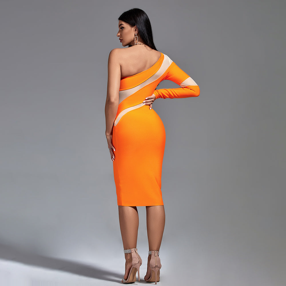 Tangerine Asymmetrical Mesh Bandage Dress