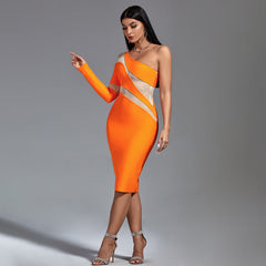 Tangerine Asymmetrical Mesh Bandage Dress