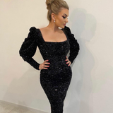 Square Collar Long Sleeve Sequined Over Knee Bodycon Dress