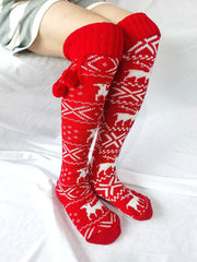 Christmas Elk Snowflake Print Pom Socks