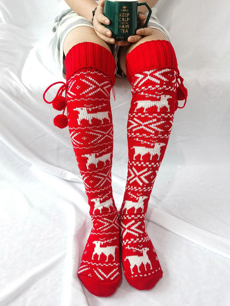 Christmas Elk Snowflake Print Pom Socks