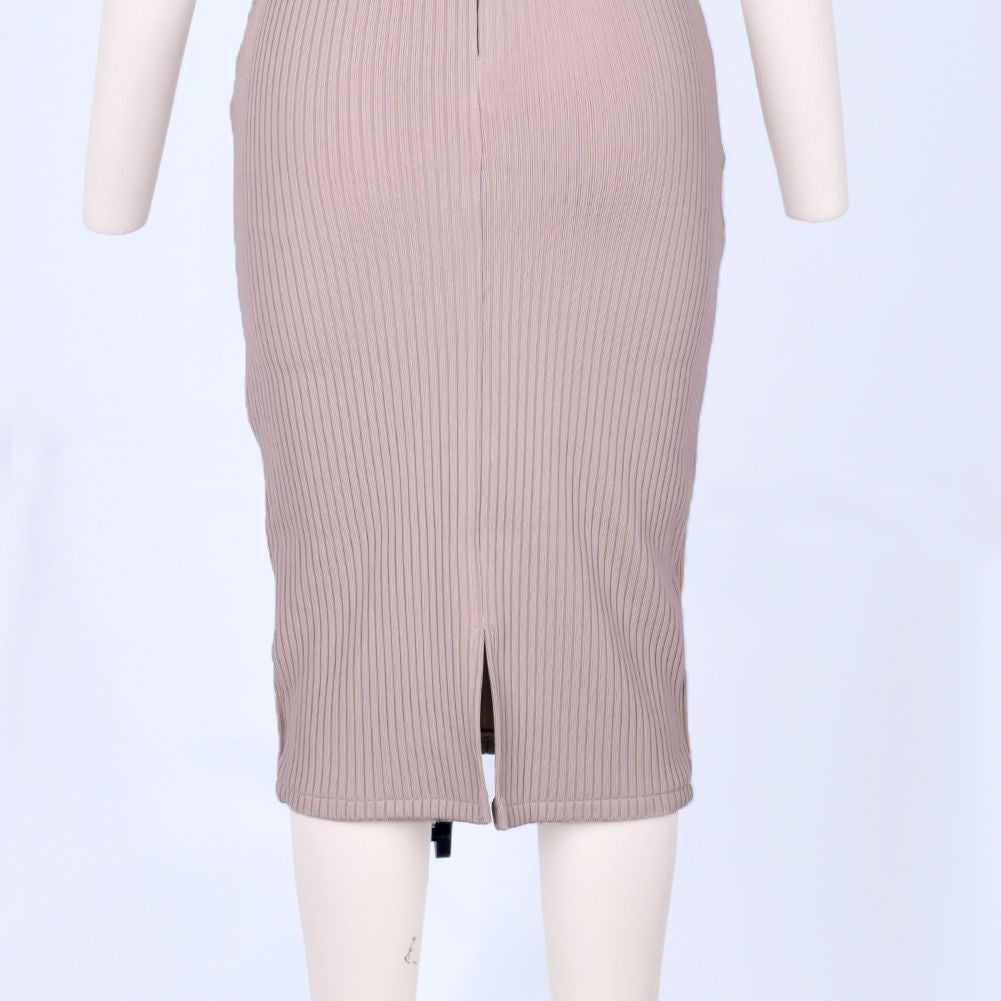 Round Neck Short Sleeve Striped Over Knee Bandage Dress