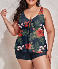 Tankini Red Flower Two Piece Bathing Suits Swimwear