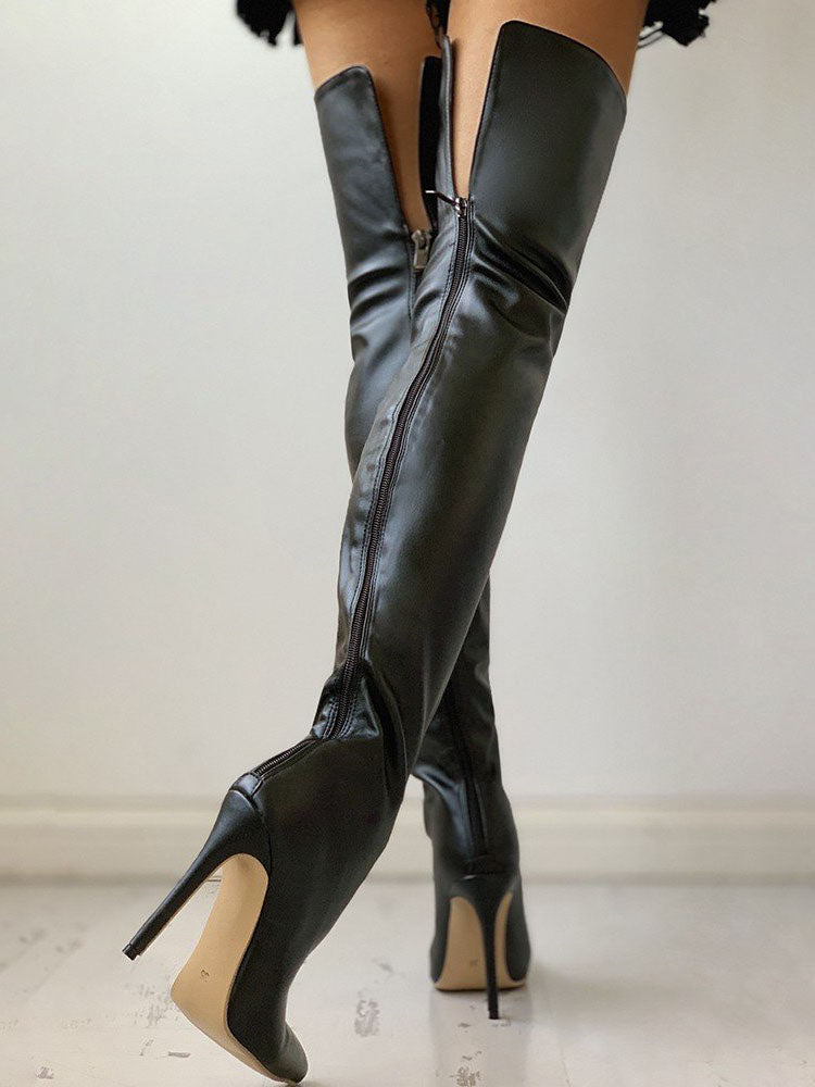 PU Zipper Stiletto Heeled Over Knee Boots