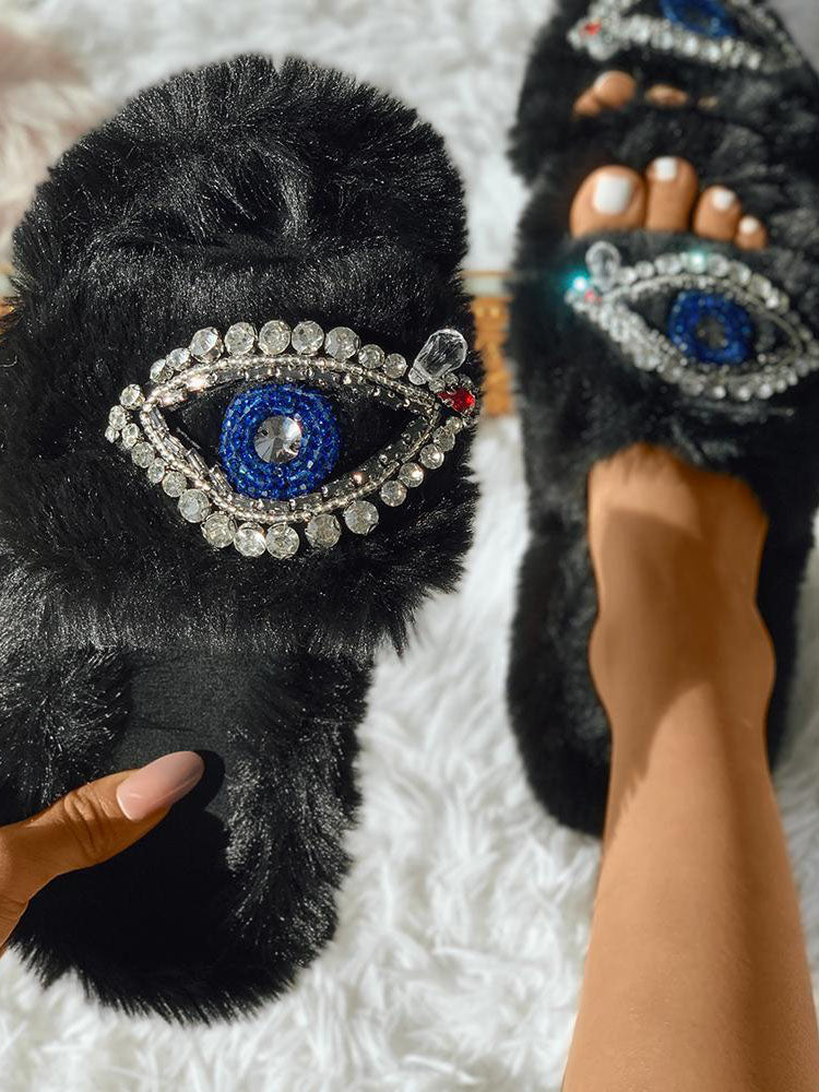 Evil Eye Rhinestone Fluffy Slides