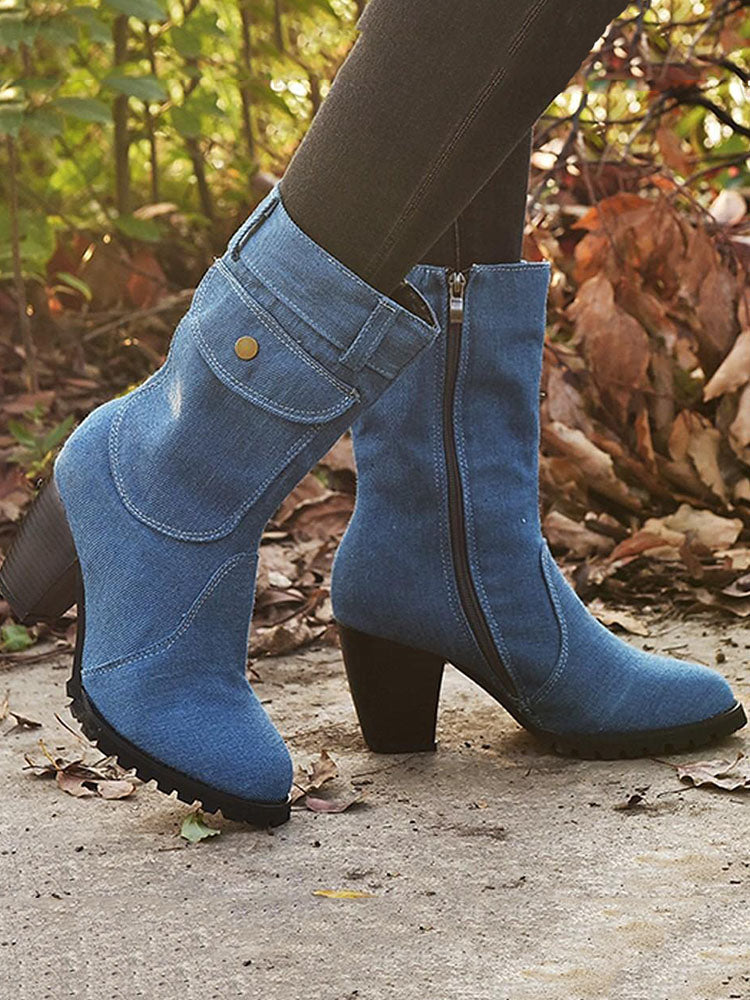 Denim Chunky Heel Boots