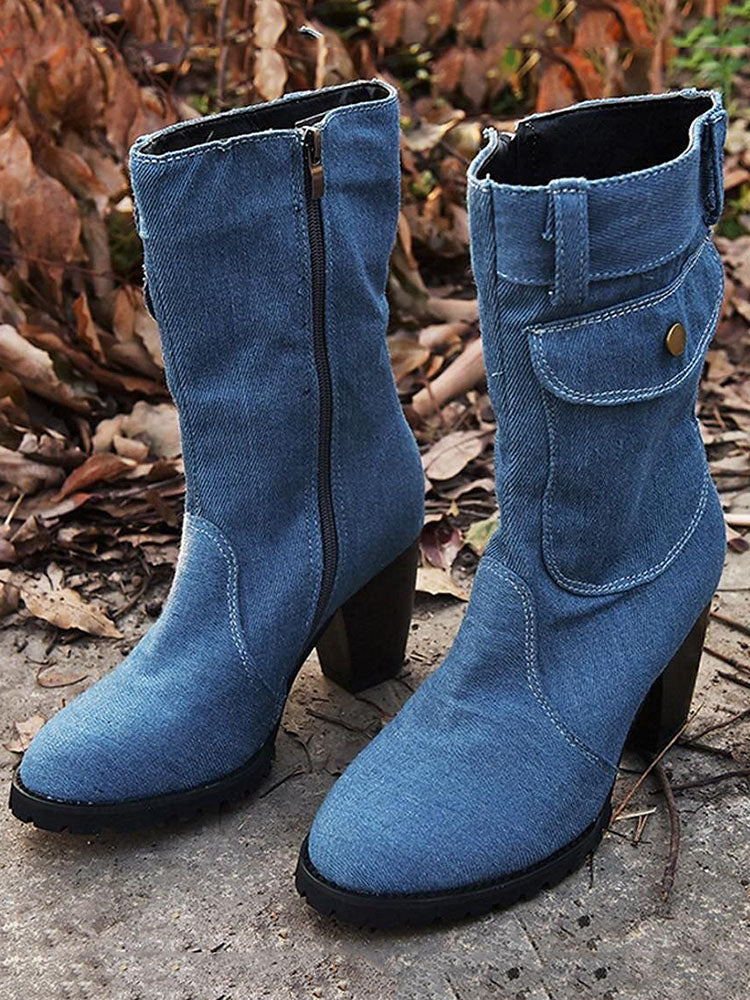 denim chunky heels