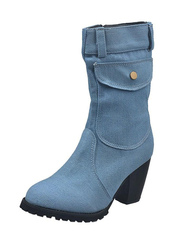 Denim Chunky Heel Boots â zierashop