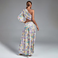 One Shoulder Chain Floral Maxi Dress