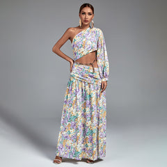 One Shoulder Chain Floral Maxi Dress