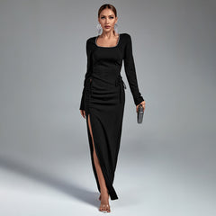 Square Collar Long Sleeve Maxi Tie Bodycon Dress