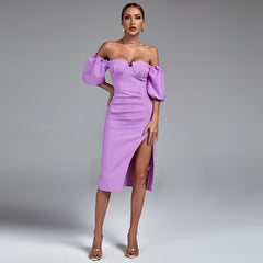 Off Shoulder Slit Midi Bandage Dress