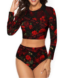 Black-red Rose 2 Piece Sun Protection Bikini Swimwear