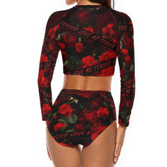 Black-red Rose 2 Piece Sun Protection Bikini Swimwear