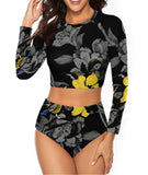 Black-yellow Floral 2 Piece Sun Protection Bikini Swimwear