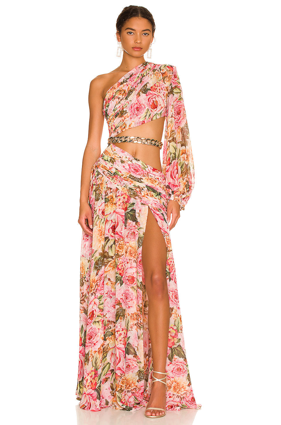 One Shoulder Chain Floral Maxi Dress