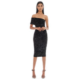 Off Shoulder Short Sleeve Sequined Midi Bodycon Dress
