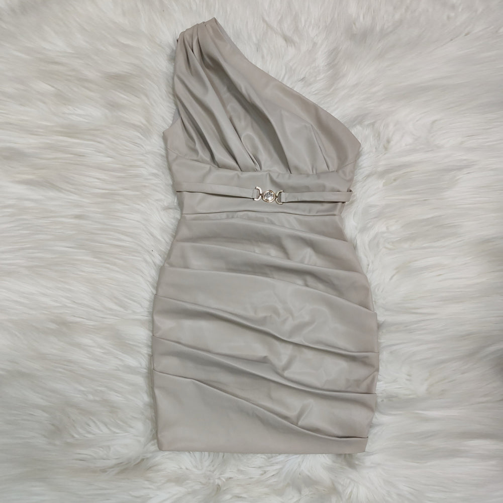 One Shoulder Sleeveless Wrinkled Mini Bodycon Dress