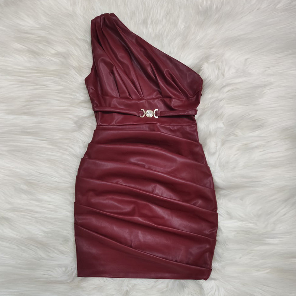 One Shoulder Sleeveless Wrinkled Mini Bodycon Dress