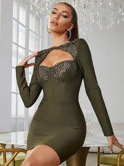 Round Neck Long Sleeve Mini Sequins Bandage Dress