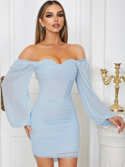 Off Shoulder Long Sleeve Mini Puff Sleeve Bandage Dress