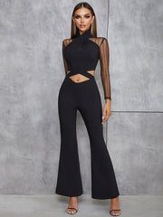 High Neck Long Sleeve Cropped Bodycon Jumpsuit