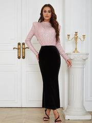 High Neck Long Sleeve Maxi Sequins Bodycon Dress