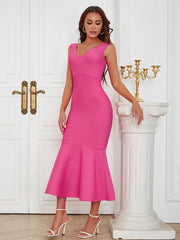 V Neck Sleeveless Flouncing Maxi Bandage Dress