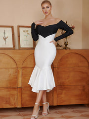 Off Shoulder Fishtail Midi Bandage Dress