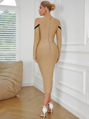 Round Neck Long Sleeve Midi Forward Fork Bandage Dress