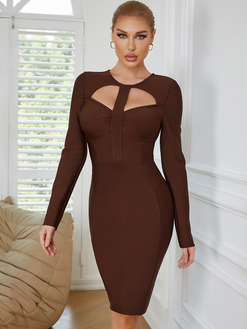 Round Neck Long Sleeve Midi Hollow out Bandage Dress