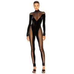 High Neck Long Sleeve Mesh Bodycon Jumpsuit