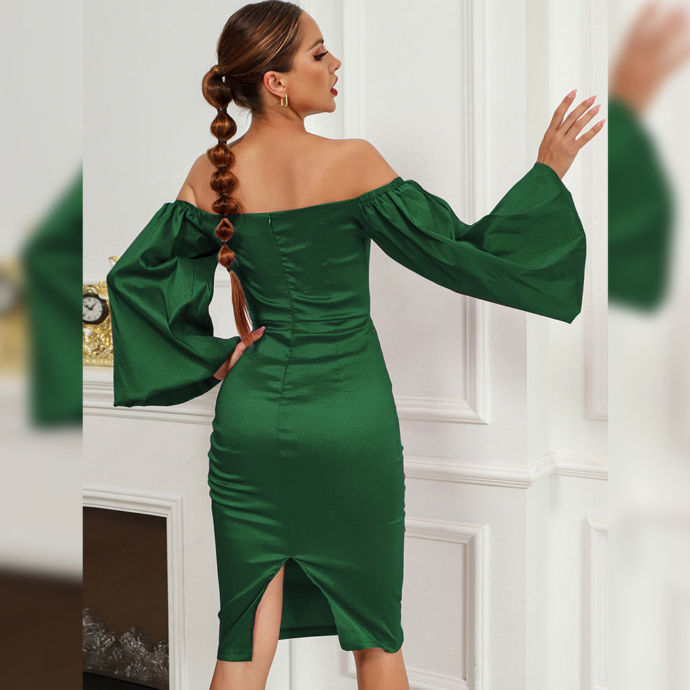 Off Shoulder Long Sleeve Midi Pagoda Sleeve Bodycon Dress