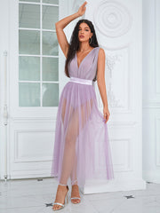 V Neck Sleeveless Maxi Tulle Bodycon Dress