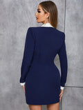 V Neck Long Sleeve Pearl Bodycon Suit