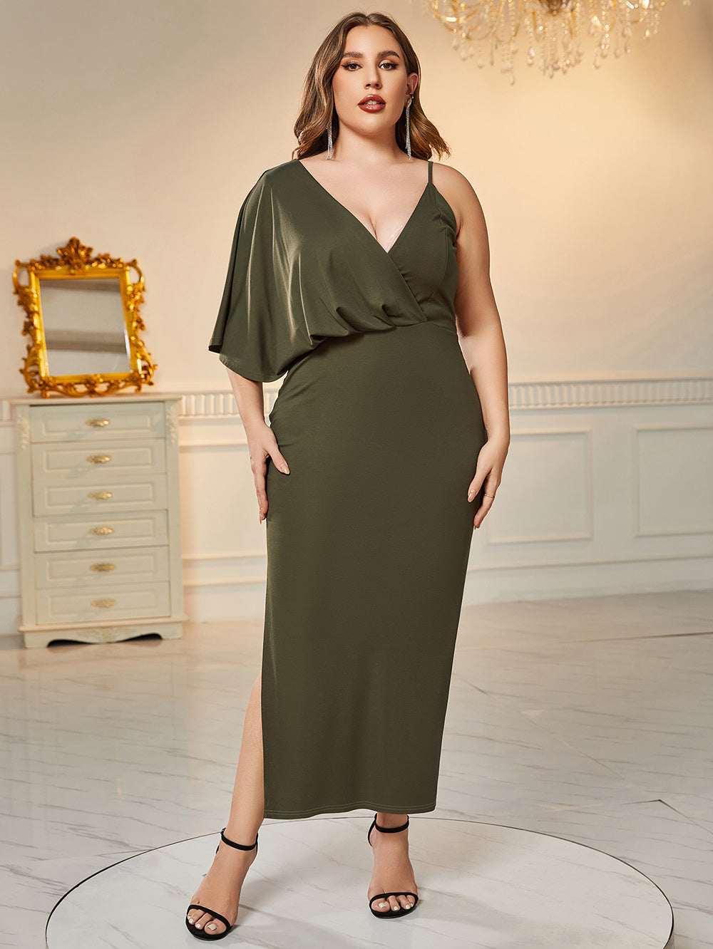 Plus Size V Neck Asymmetry Slit Bodycon Dress