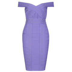 Off Shoulder Short Sleeve Nail Bead Midi Bandage Dress