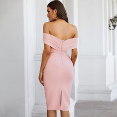 Off Shoulder Short Sleeve Midi Frill Bandage Dress