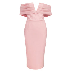 Off Shoulder Short Sleeve Midi Frill Bandage Dress