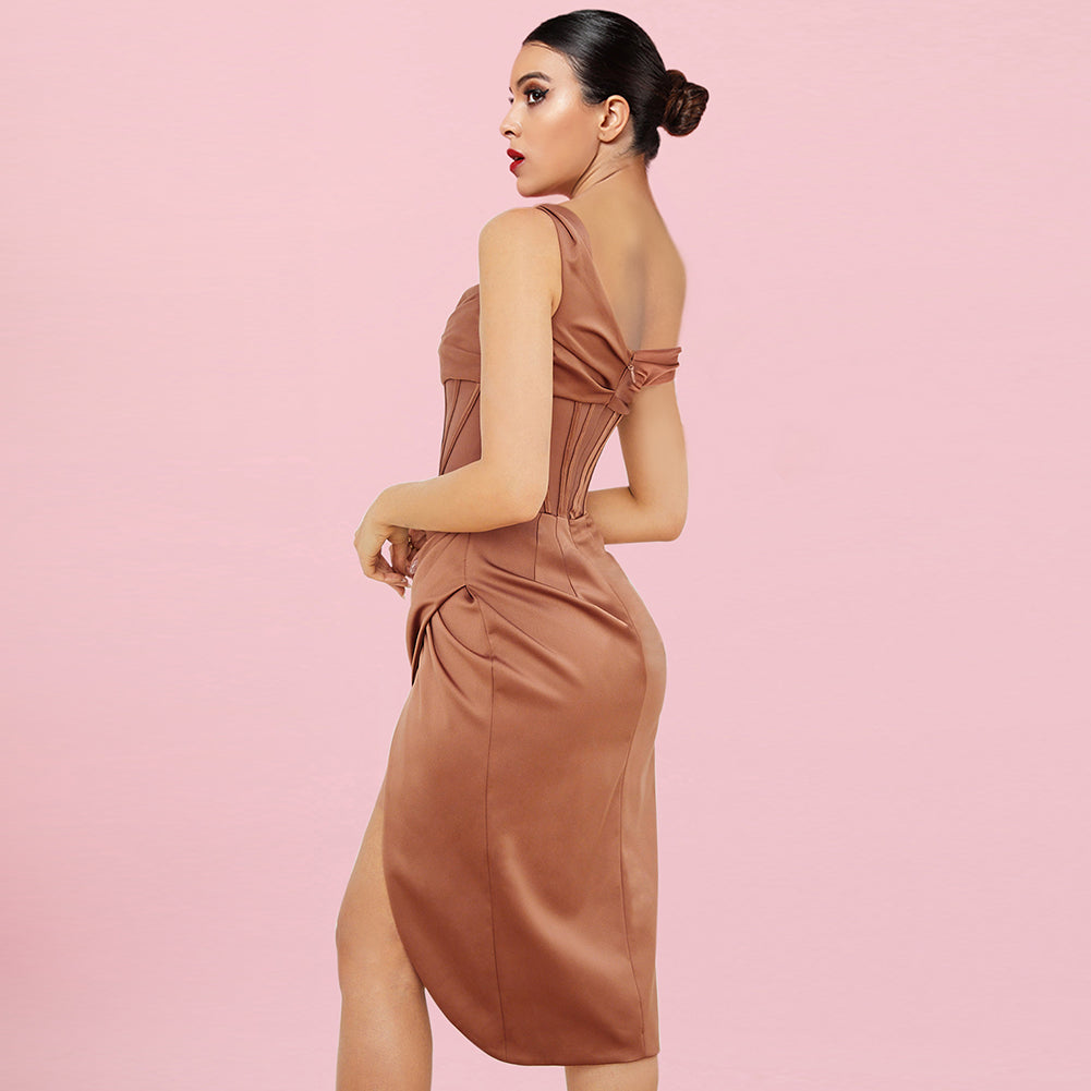 One Shoulder Short Sleeve Asymmetrical Midi Bodycon Dress