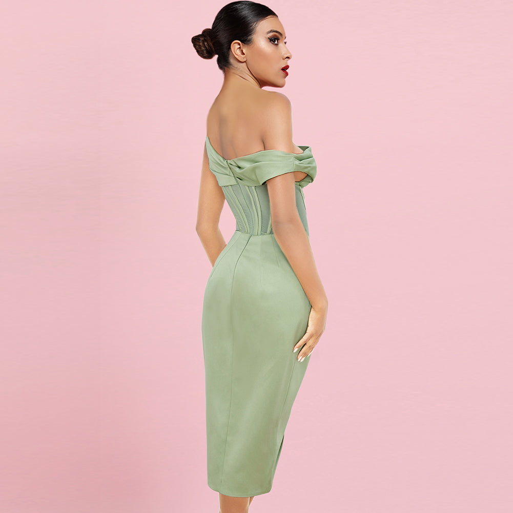 One Shoulder Short Sleeve Asymmetrical Midi Bodycon Dress