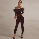 Off Shoulder Long Sleeve Hairy Bodycon Jumpsuit