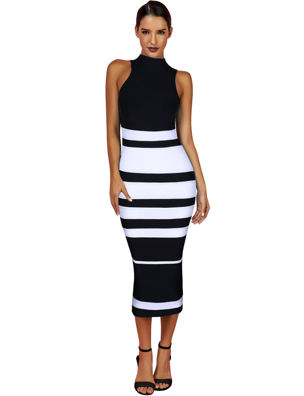 High Neck Sleeveless Striped Over Knee Bandage Dress HJ482