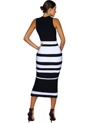 High Neck Sleeveless Striped Over Knee Bandage Dress HJ482