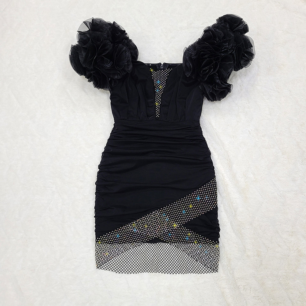 Off Shoulder Short Sleeve Mini Rhinestone Bodycon Dress