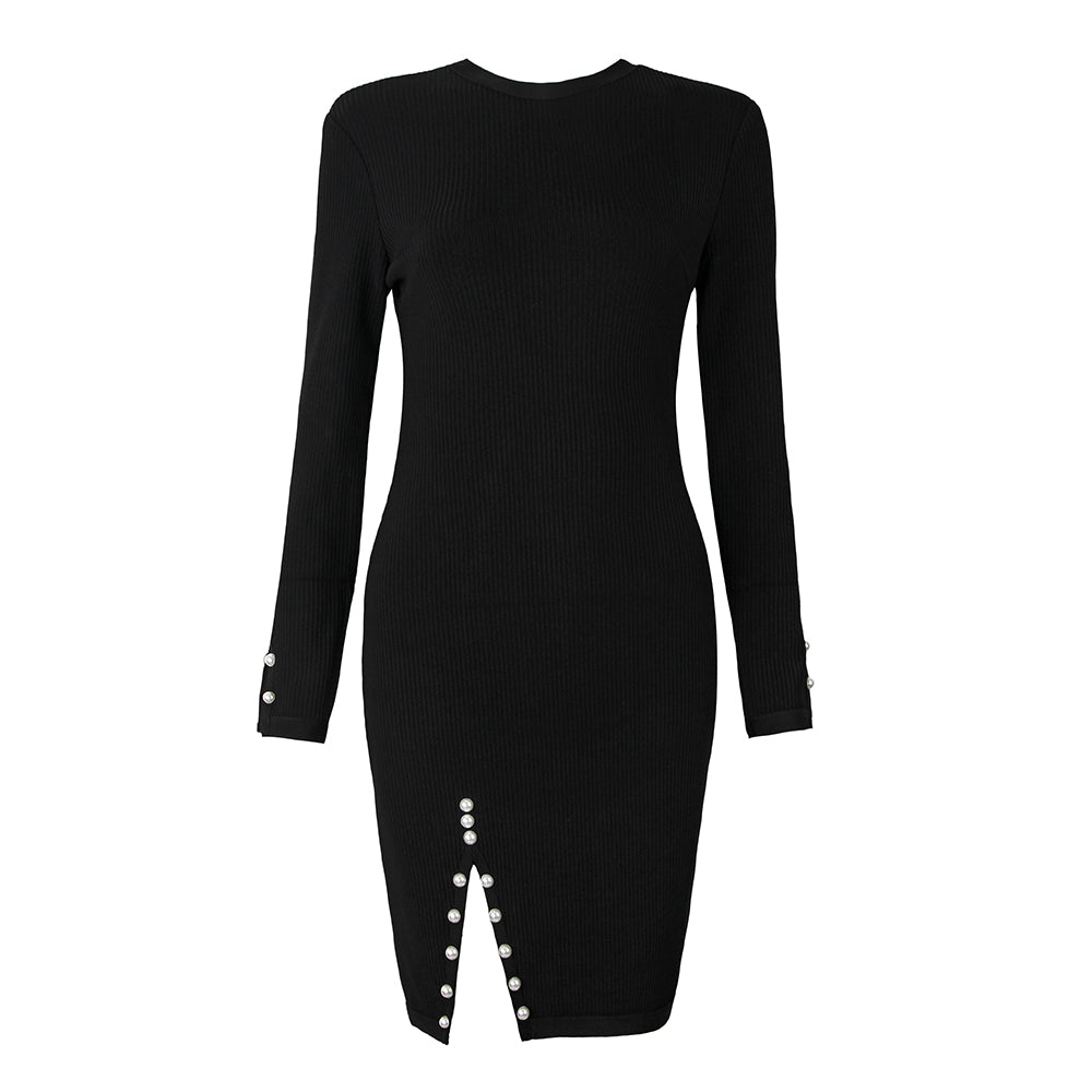 Round Neck Long Sleeve Striped Midi Bodycon Dress