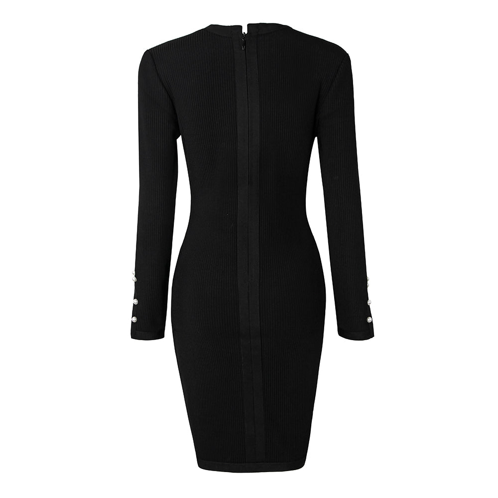 Round Neck Long Sleeve Striped Midi Bodycon Dress