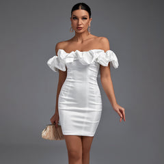 Off Shoulder Short Sleeve Frill Mini Bodycon Dress